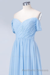 Blue Off the Shoulder Pleated Chiffon Long Bridesmaid Dresses